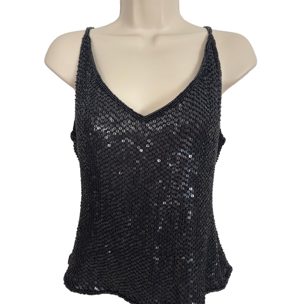 NEW Nira by Embex Black Sequin Camisole Silk Top Sz. XXS Disco Date Dance